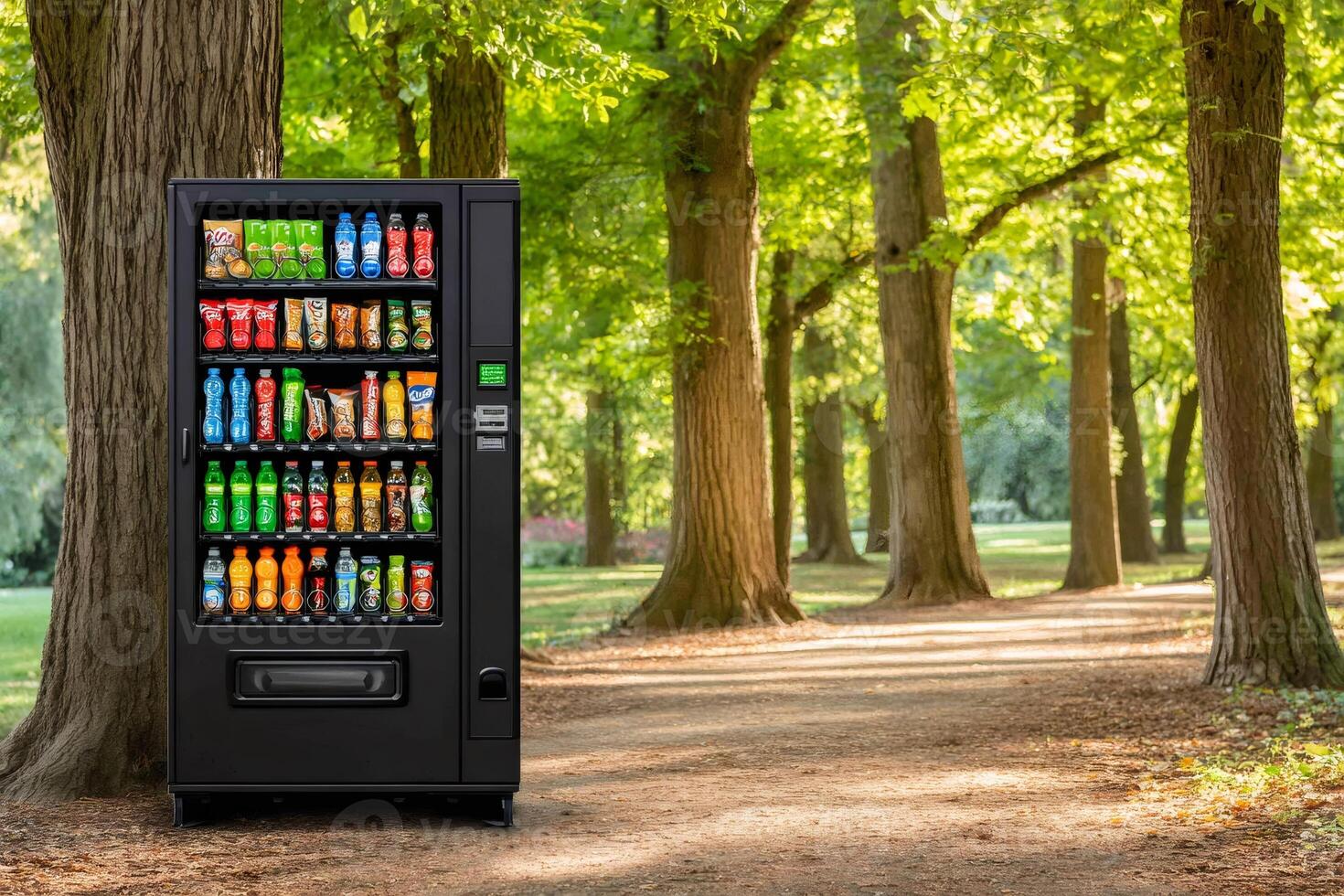 Vending machine offering snacks and drinks in a public park photo