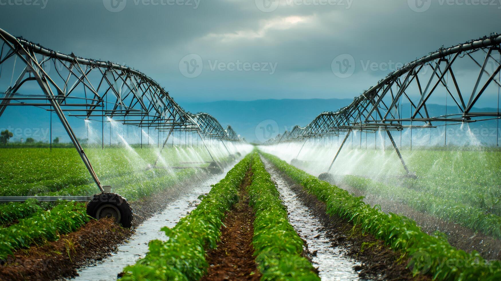 Automated irrigation system watering crops in cultivated field photo