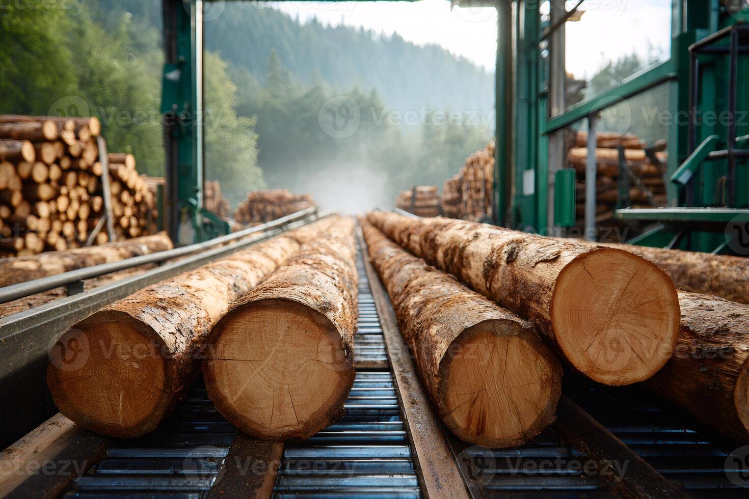 Logs moving on conveyor belt in lumber mill processing wood photo