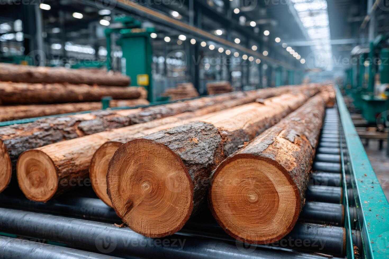 Logs moving on conveyor belt in lumber mill, wood processing industry photo