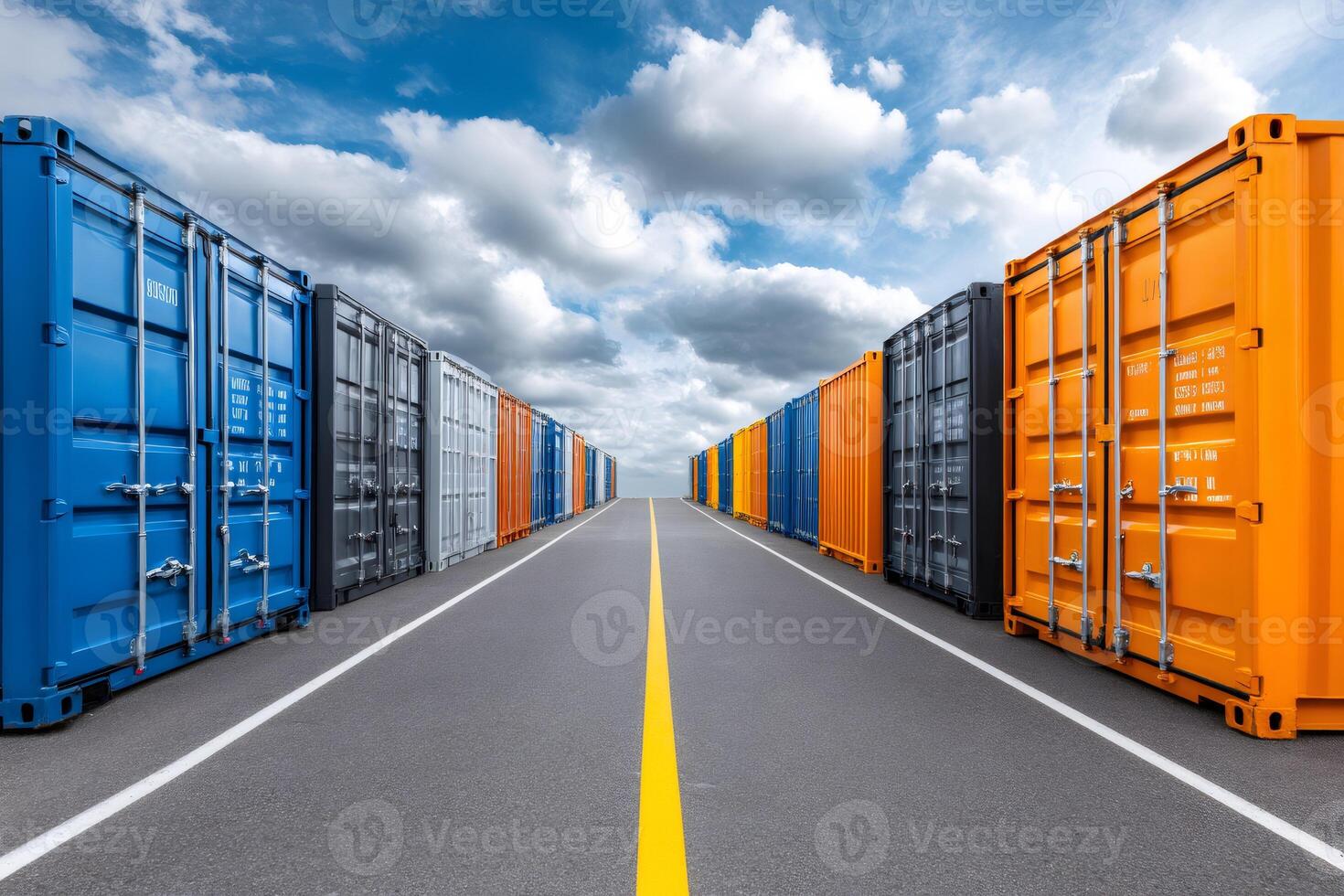 Cargo containers forming a corridor on an asphalt road leading to a cloudy sky photo