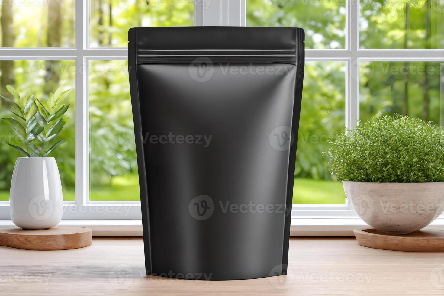 Black doypack pouch standing on wooden table by window photo