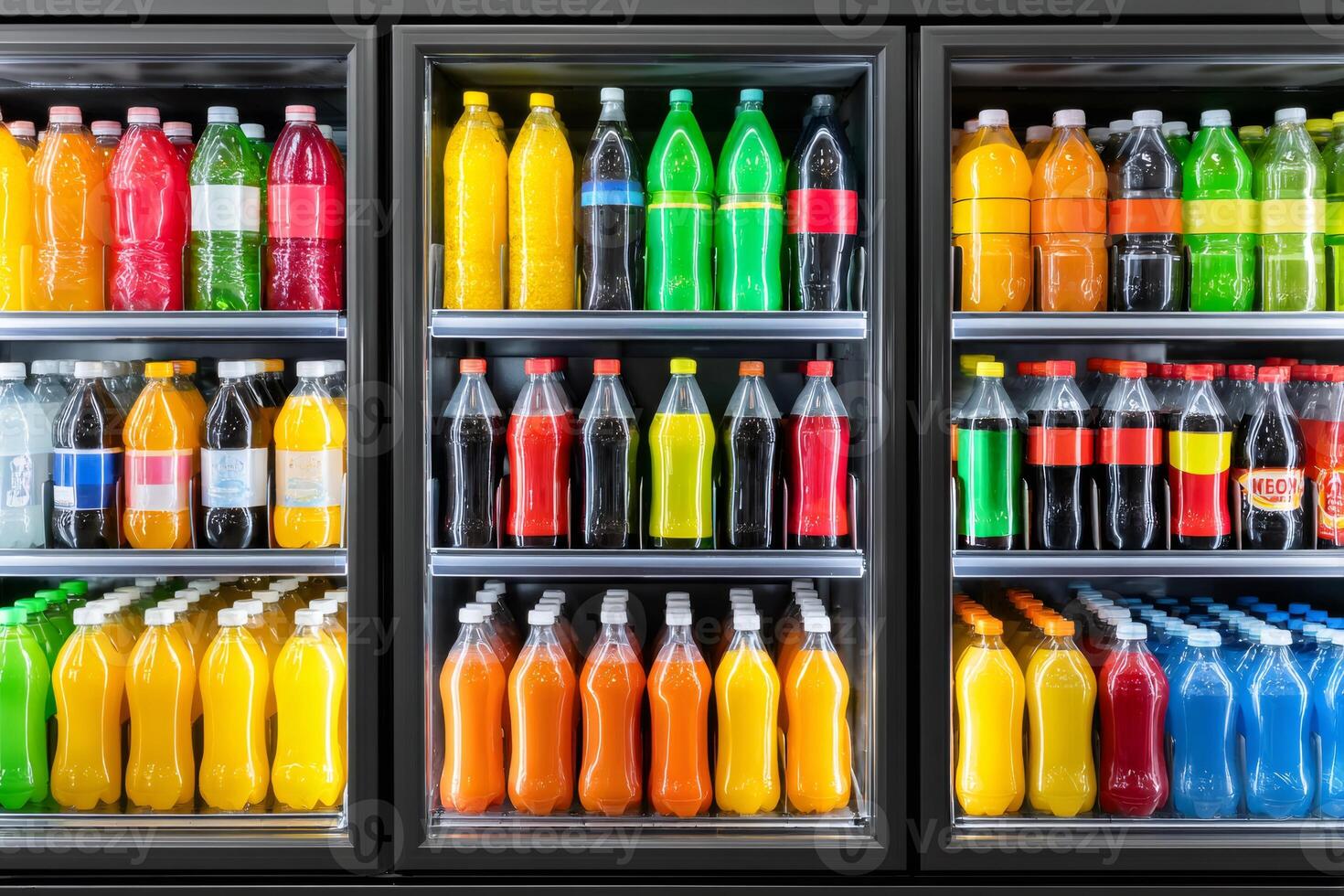 Refrigerated display case showing colorful carbonated soft drinks bottles photo