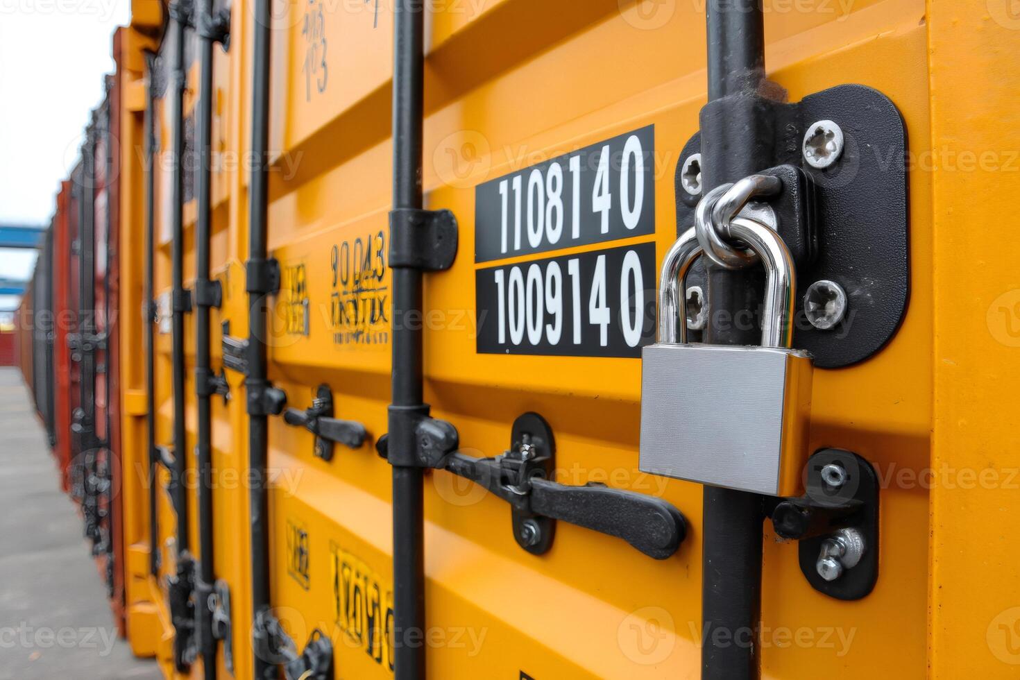 Padlock securing yellow shipping container in port terminal photo