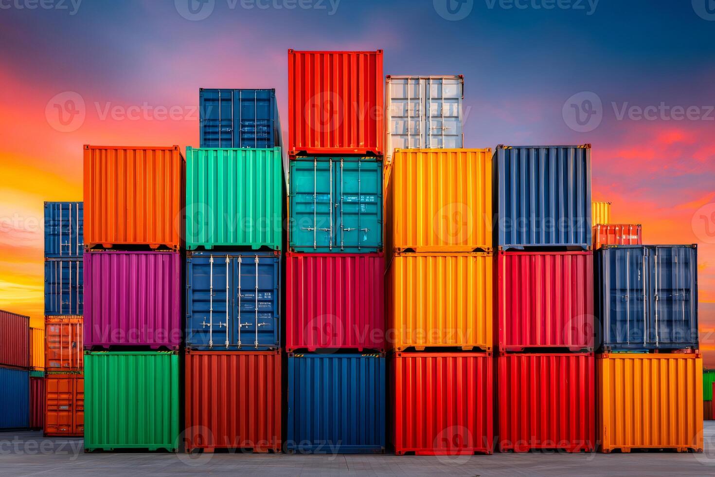 Colorful stacked shipping containers at a dock during sunset photo
