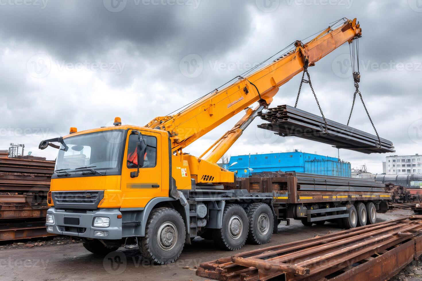 Truck crane lifting metal beams onto a trailer in a cloudy day photo