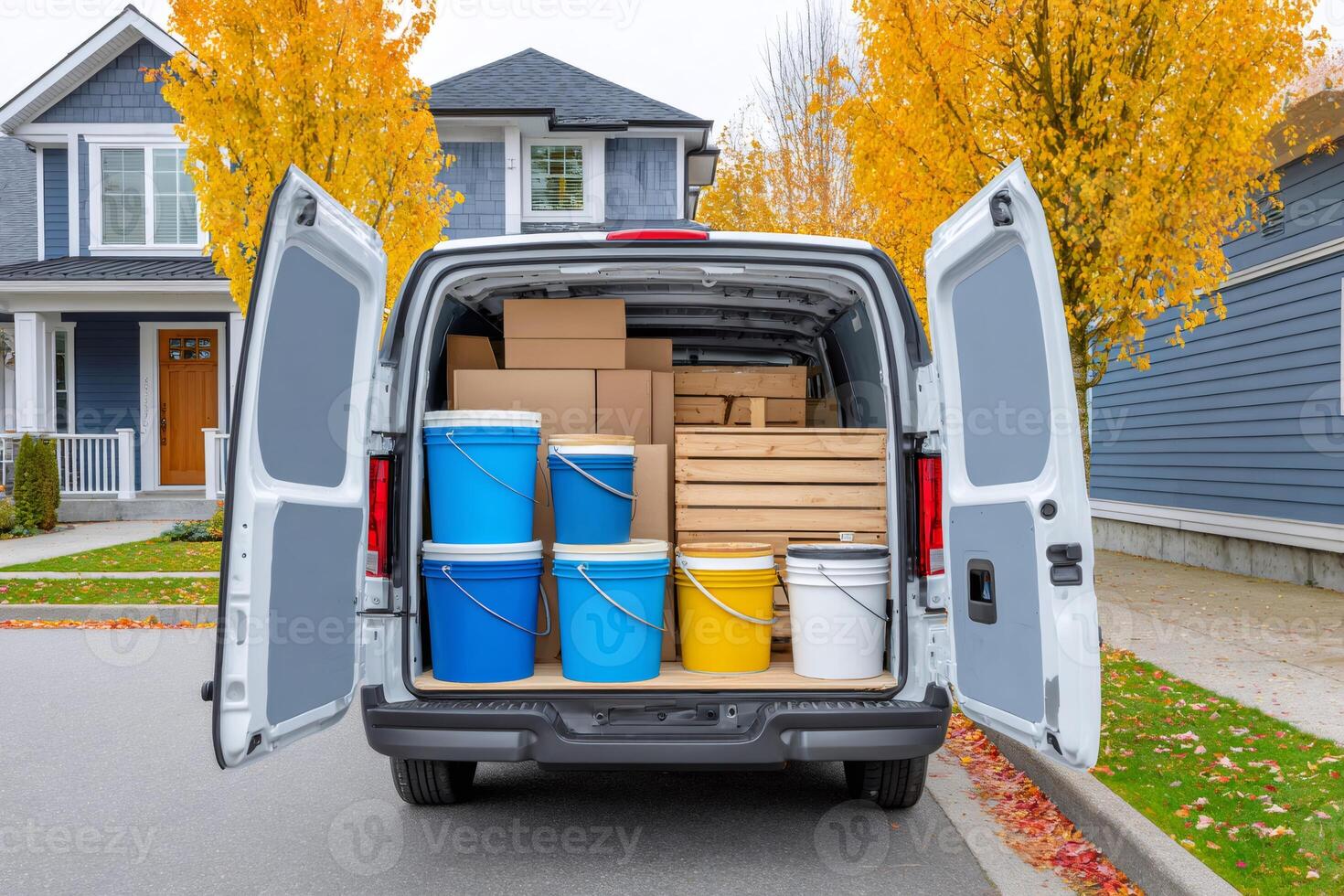 White delivery van parked in residential area with open doors showing cardboard boxes and buckets photo