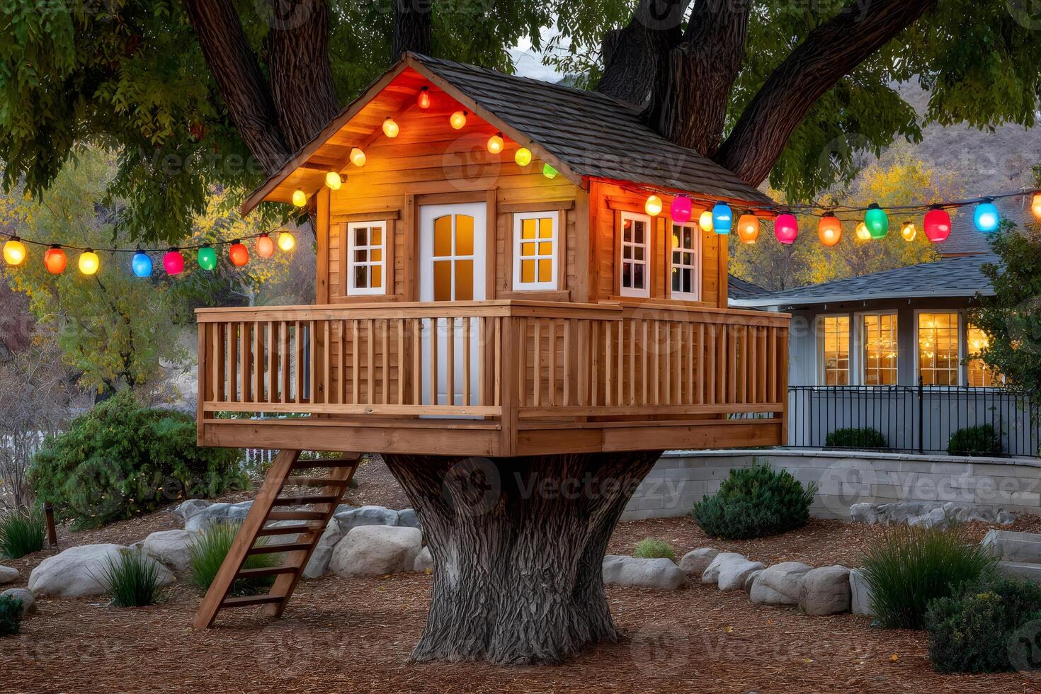 Backyard treehouse with colorful string lights illuminating the night photo