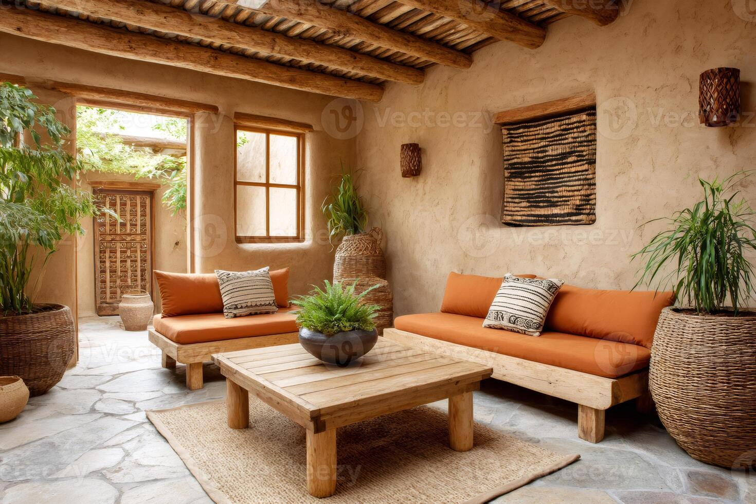 Elegant patio decorated with earthy tones and natural materials photo