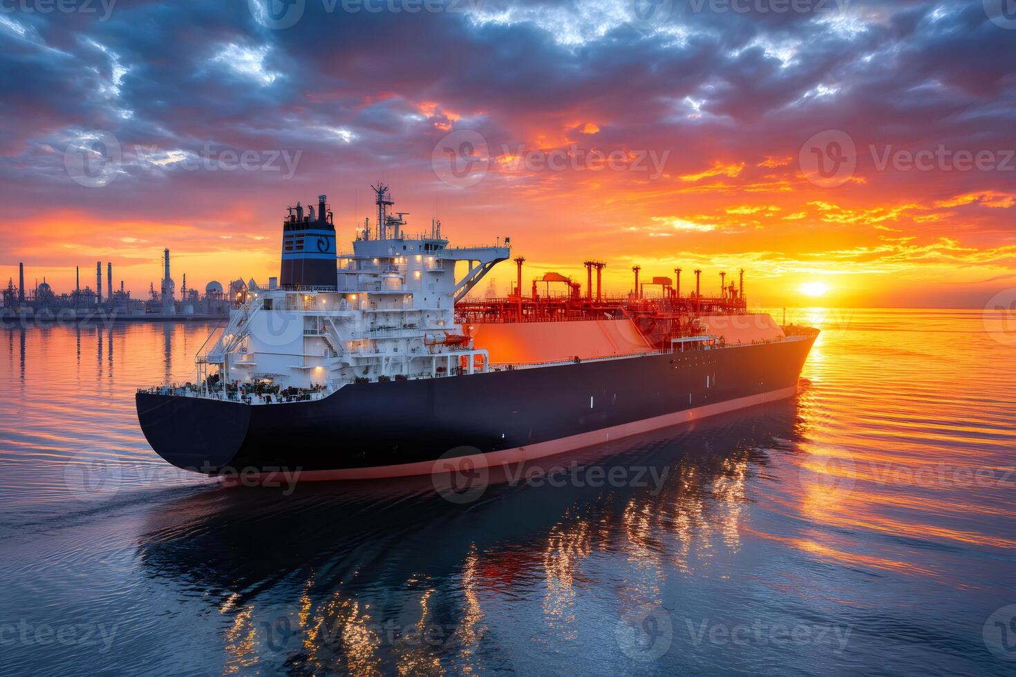 Lng tanker sailing at sunset near refinery or petrochemical plant photo
