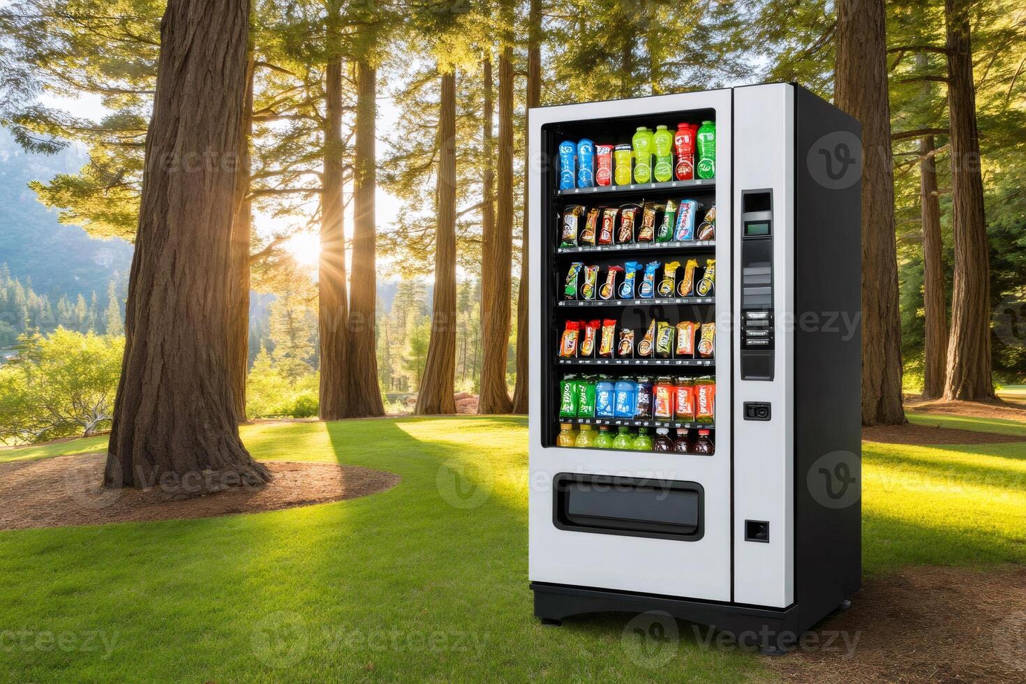 Vending machine offering snacks and drinks in a peaceful park setting photo