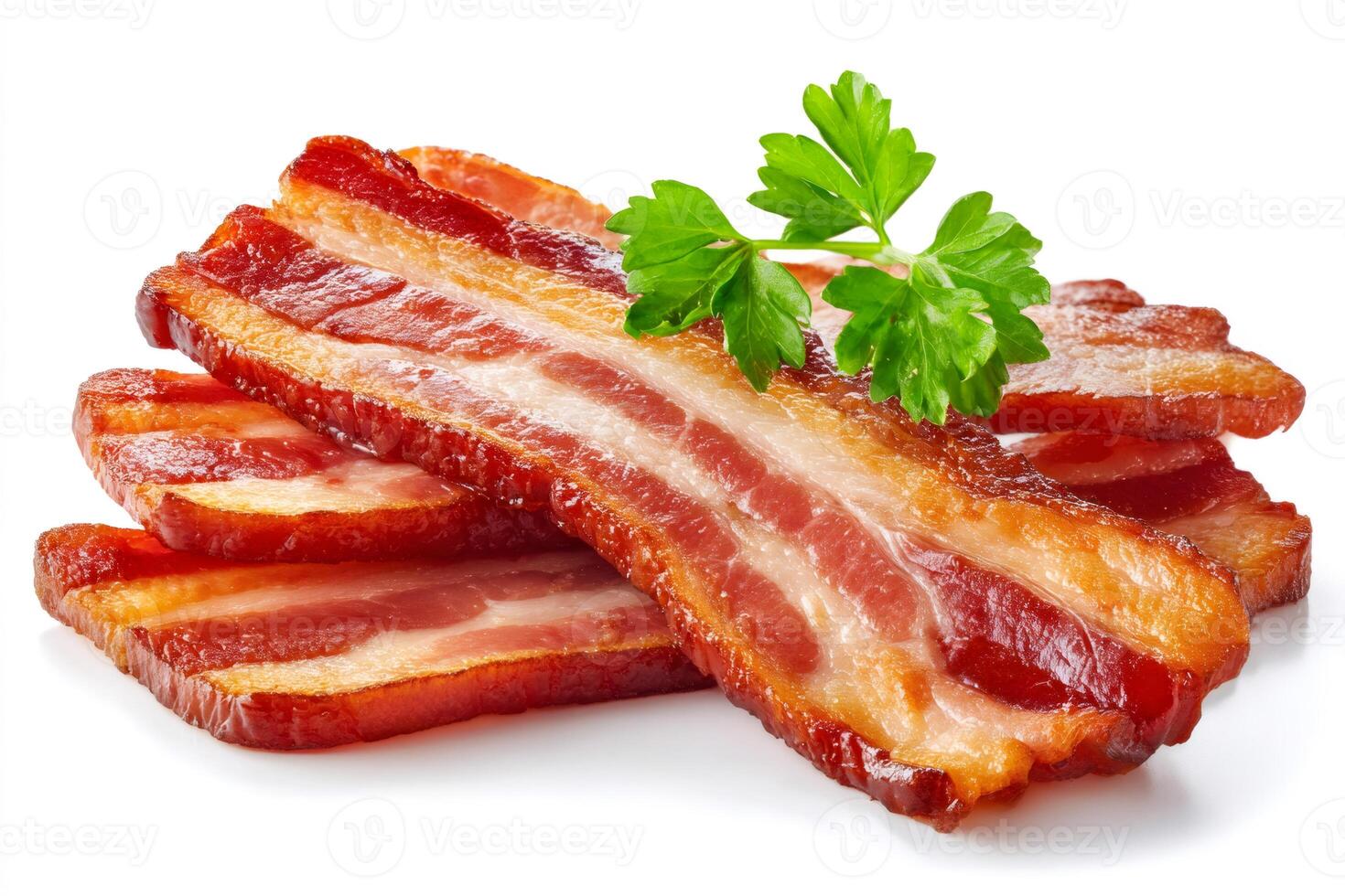 Delicious crispy bacon strips garnished with parsley on white background photo