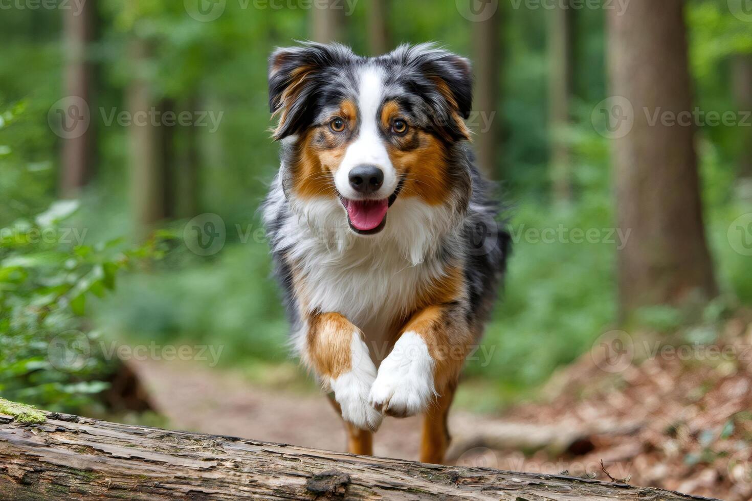 Australian shepherd running and jumping over a log in the forest photo