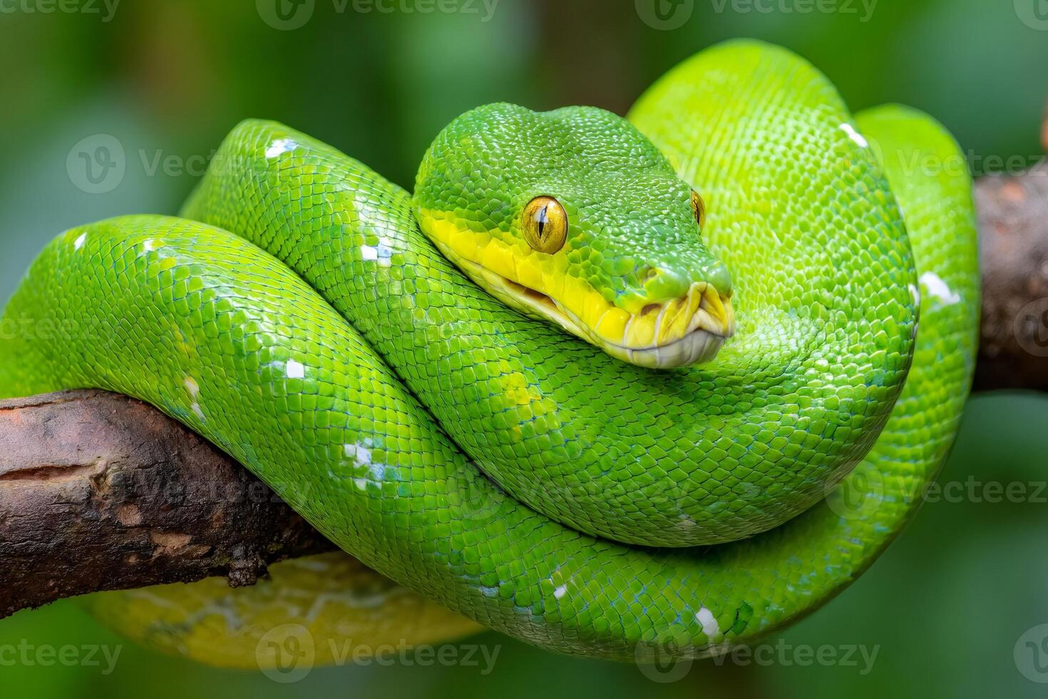 Green tree python resting on branch in lush forest photo