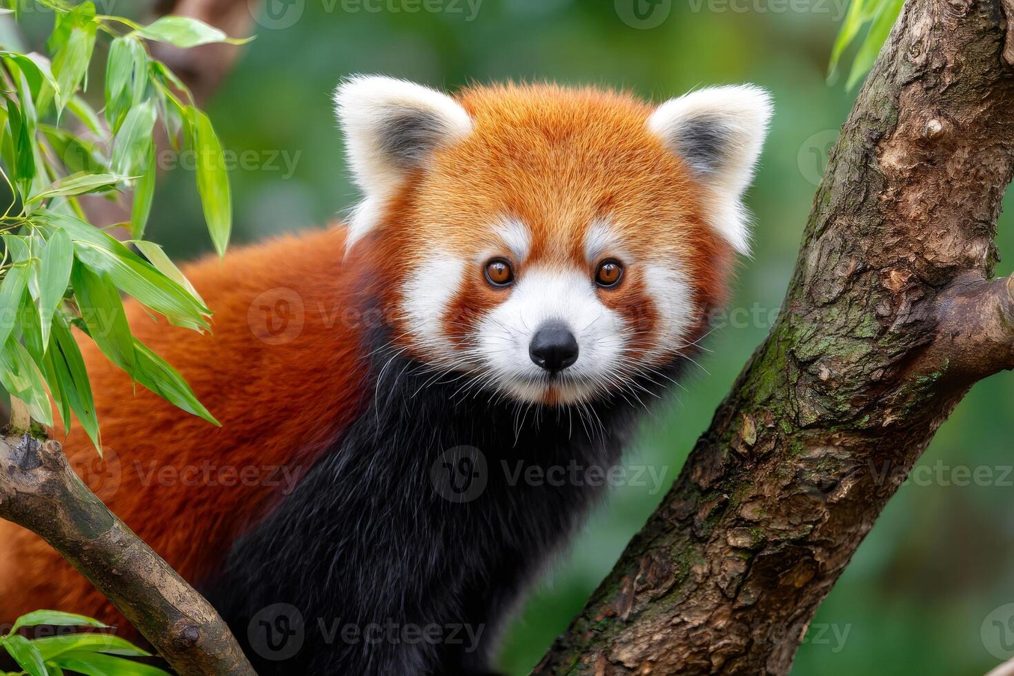 Red panda resting on tree branch in lush forest. . photo