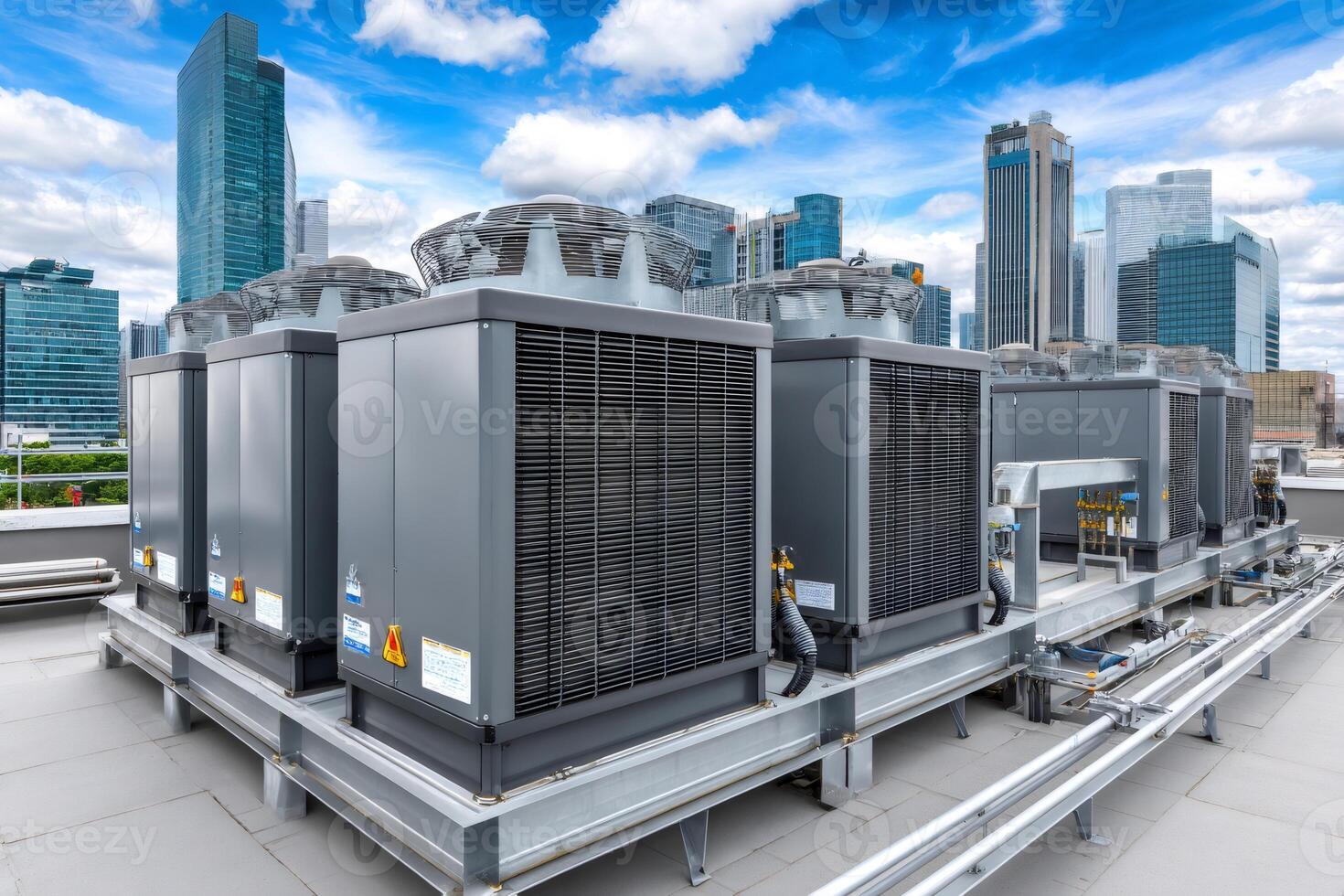 Air conditioning units cooling a modern cityscape on rooftop photo
