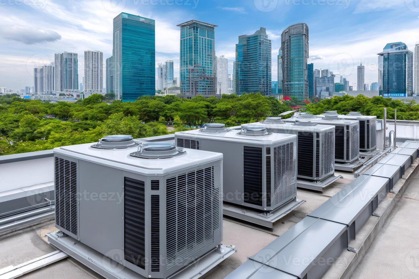 Air conditioning units providing climate control on rooftop with city skyline view photo