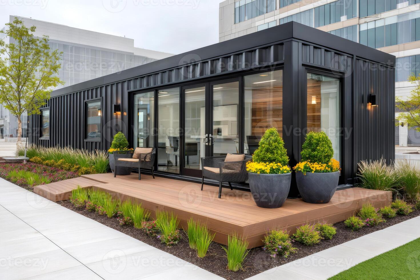 Modern black repurposed shipping container home with patio and landscaping photo