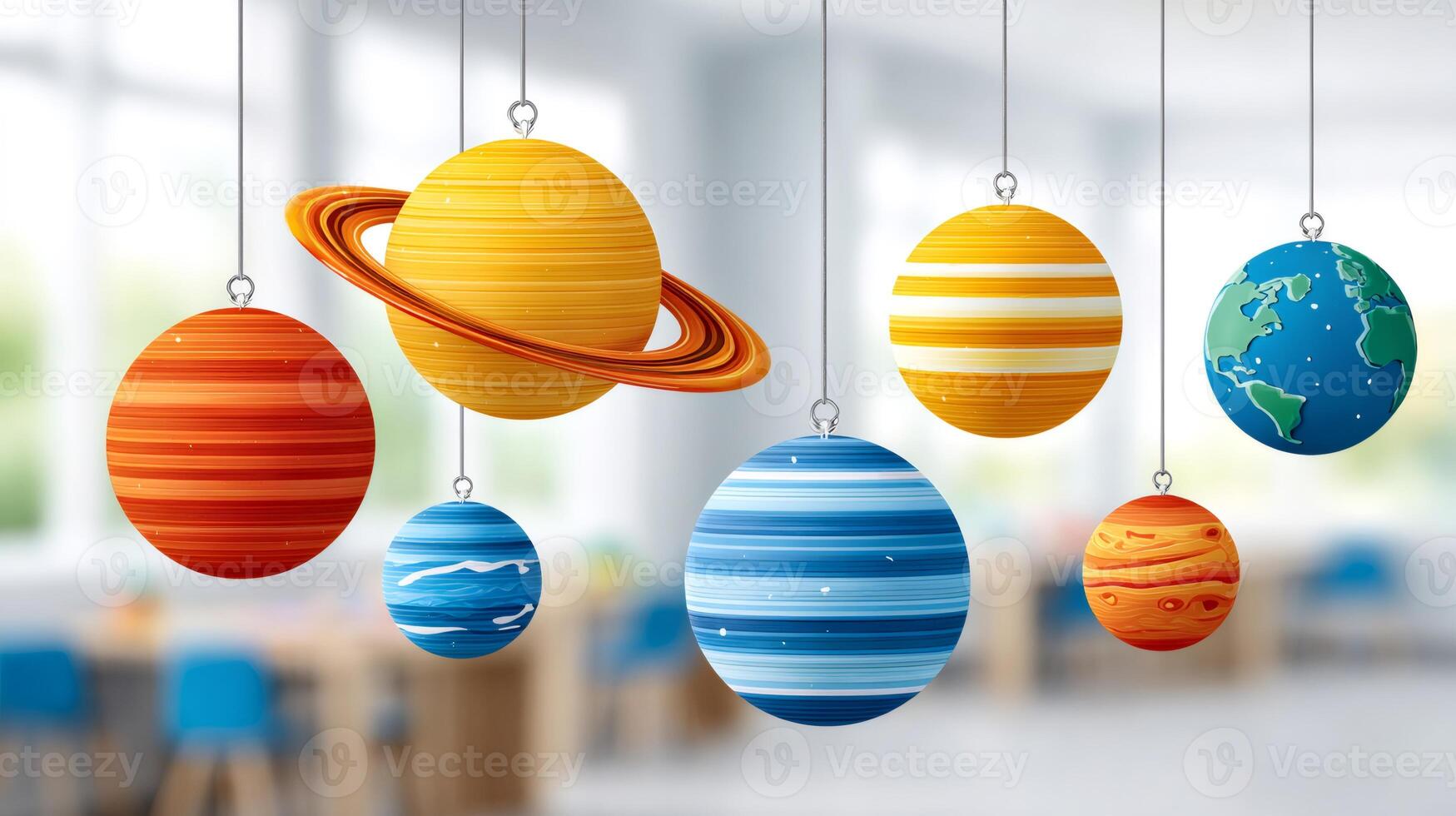 Colorful planets hanging in a classroom setting, promoting astronomy education photo