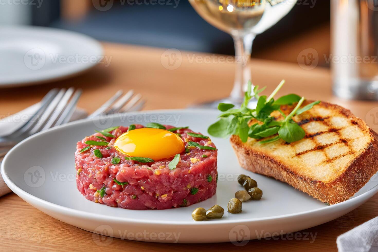 Gourmet beef tartare with raw egg yolk and toasted bread served on a plate in a restaurant photo