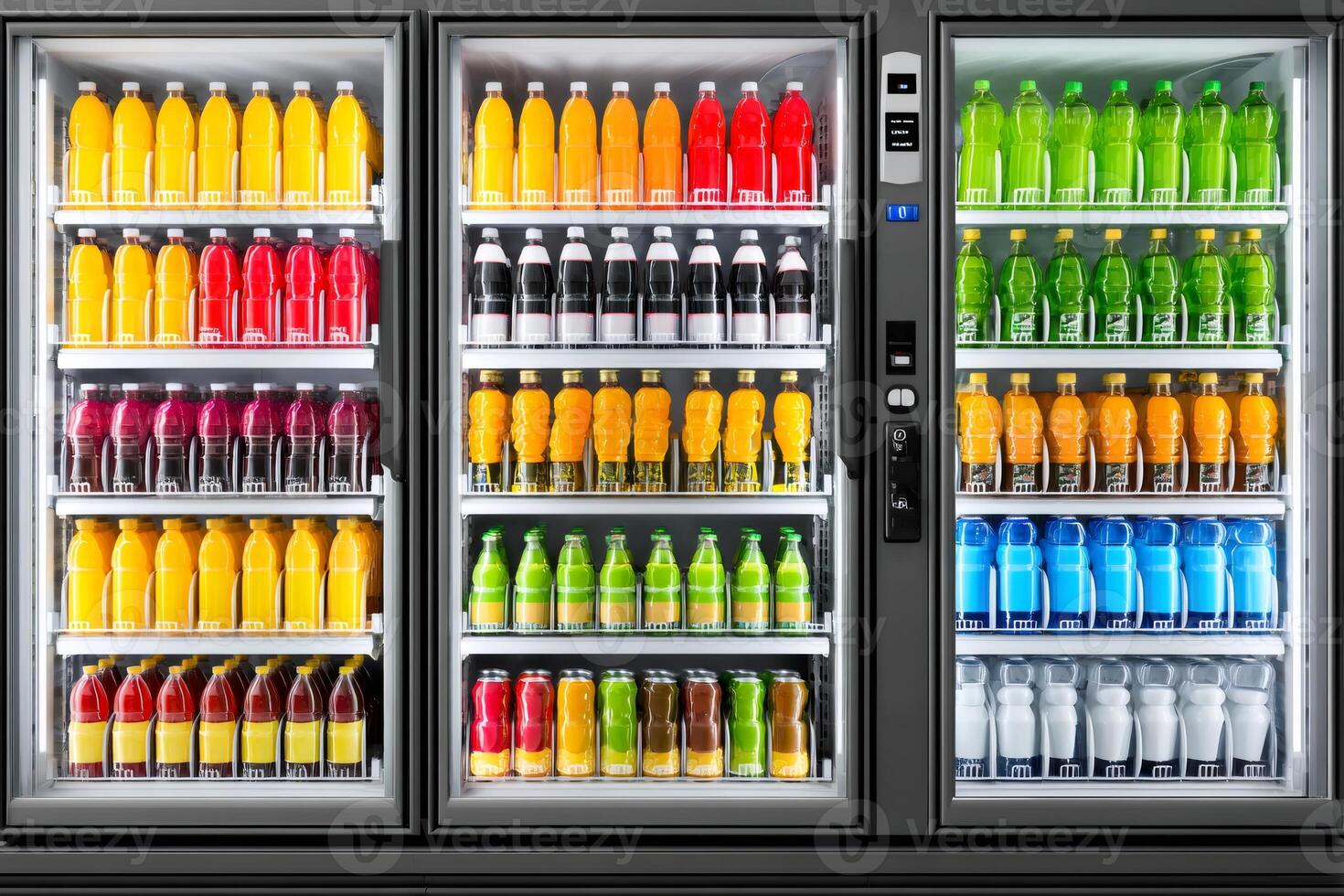 Vending machine displaying colorful assortment of beverages and drinks photo
