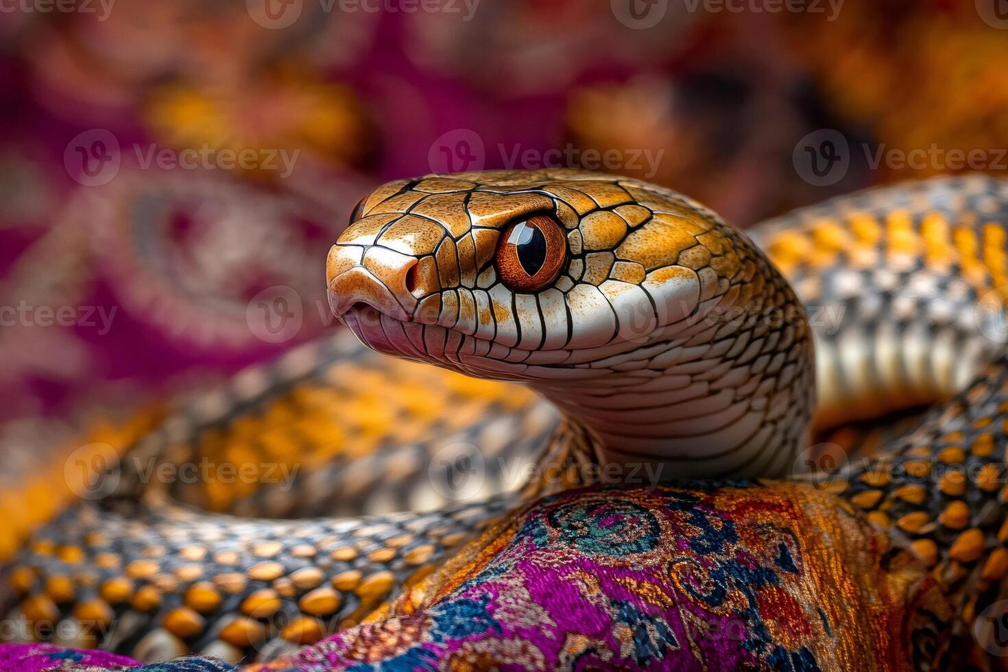 Colorful snake resting on vibrant patterned fabric photo