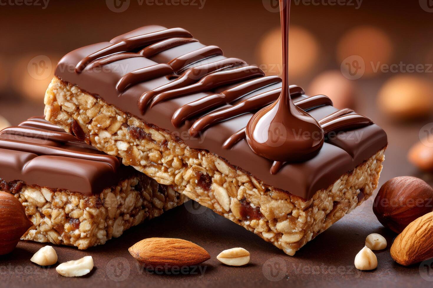 Delicious granola bars covered with pouring melted chocolate and nuts photo