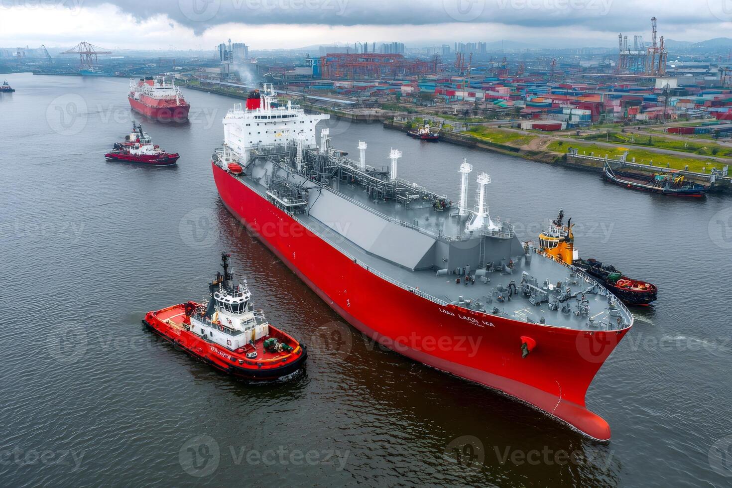 Lng tanker maneuvering in industrial port with tugboats assisting navigation photo