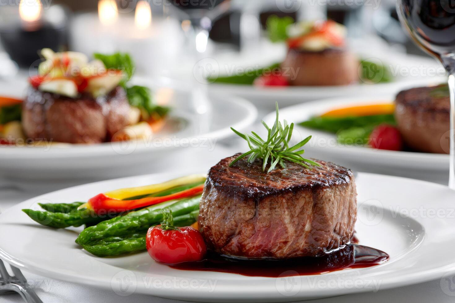Grilled beef steak with vegetables and rosemary garnished with sauce on white plate photo