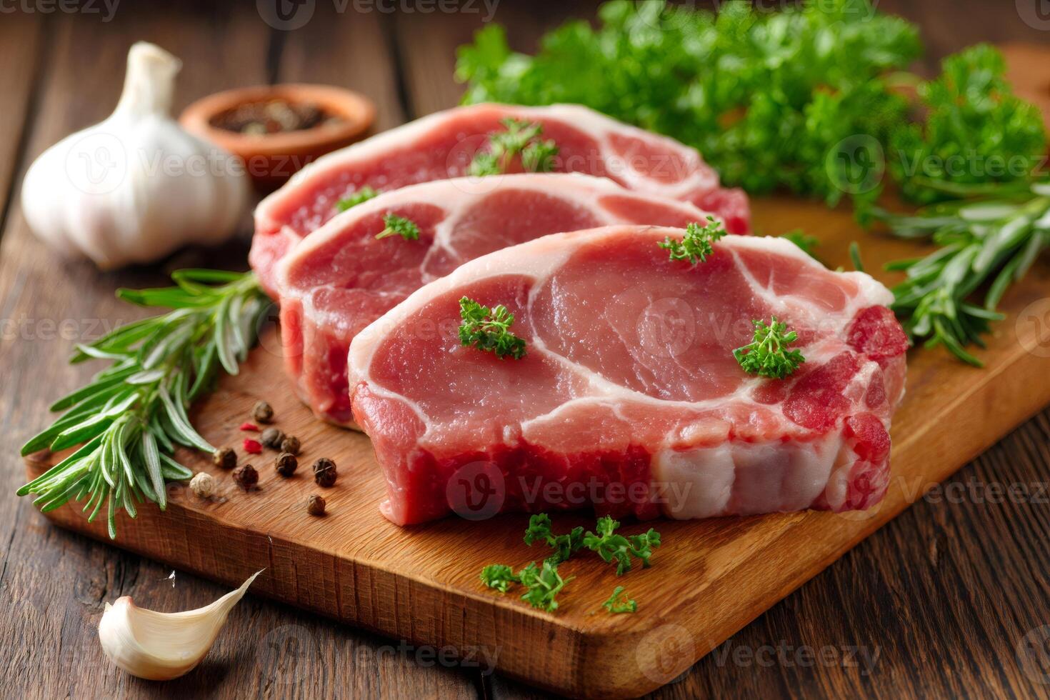 Raw pork steaks with garlic, rosemary, and peppercorns on cutting board photo