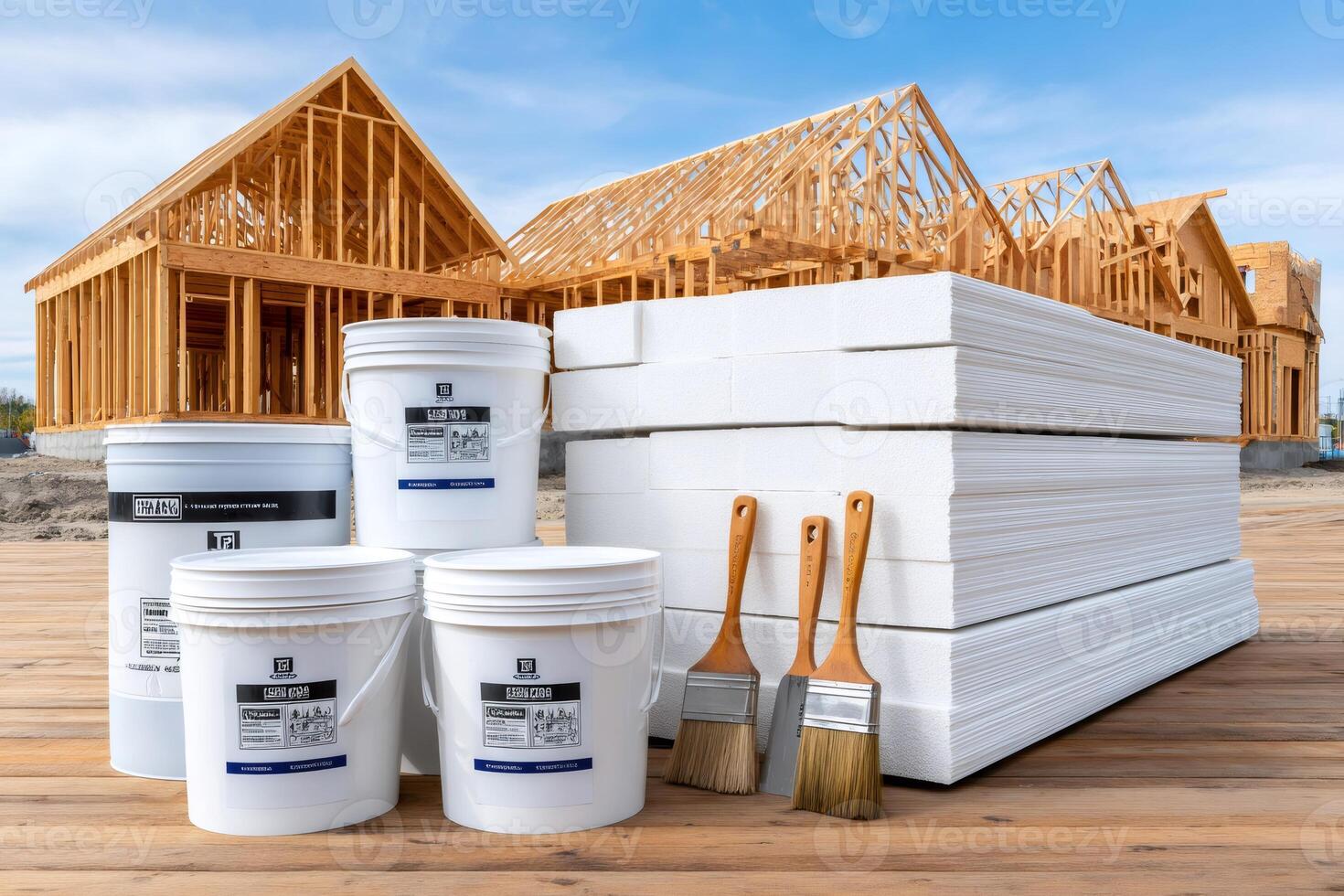 Building materials, paint buckets and brushes near wooden house frame under construction photo