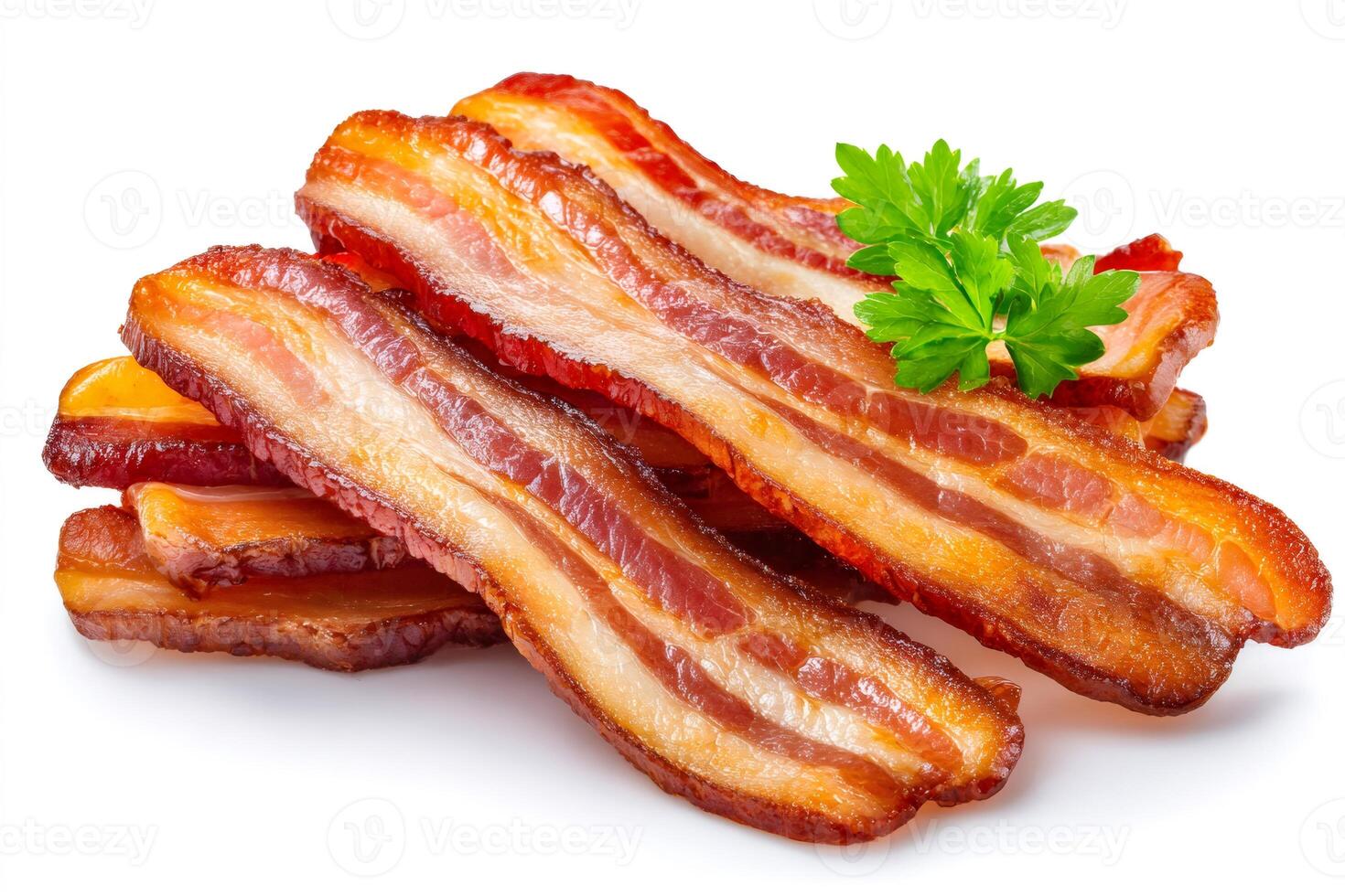 Delicious crispy bacon strips garnished with parsley on white background.. . photo