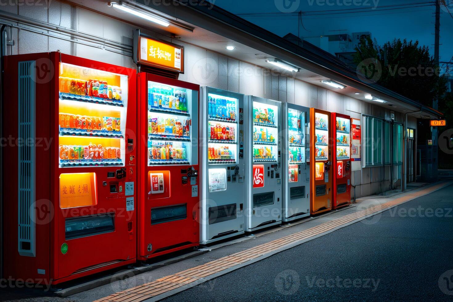 Vending machines selling snacks and drinks illuminating a street at night in japan photo