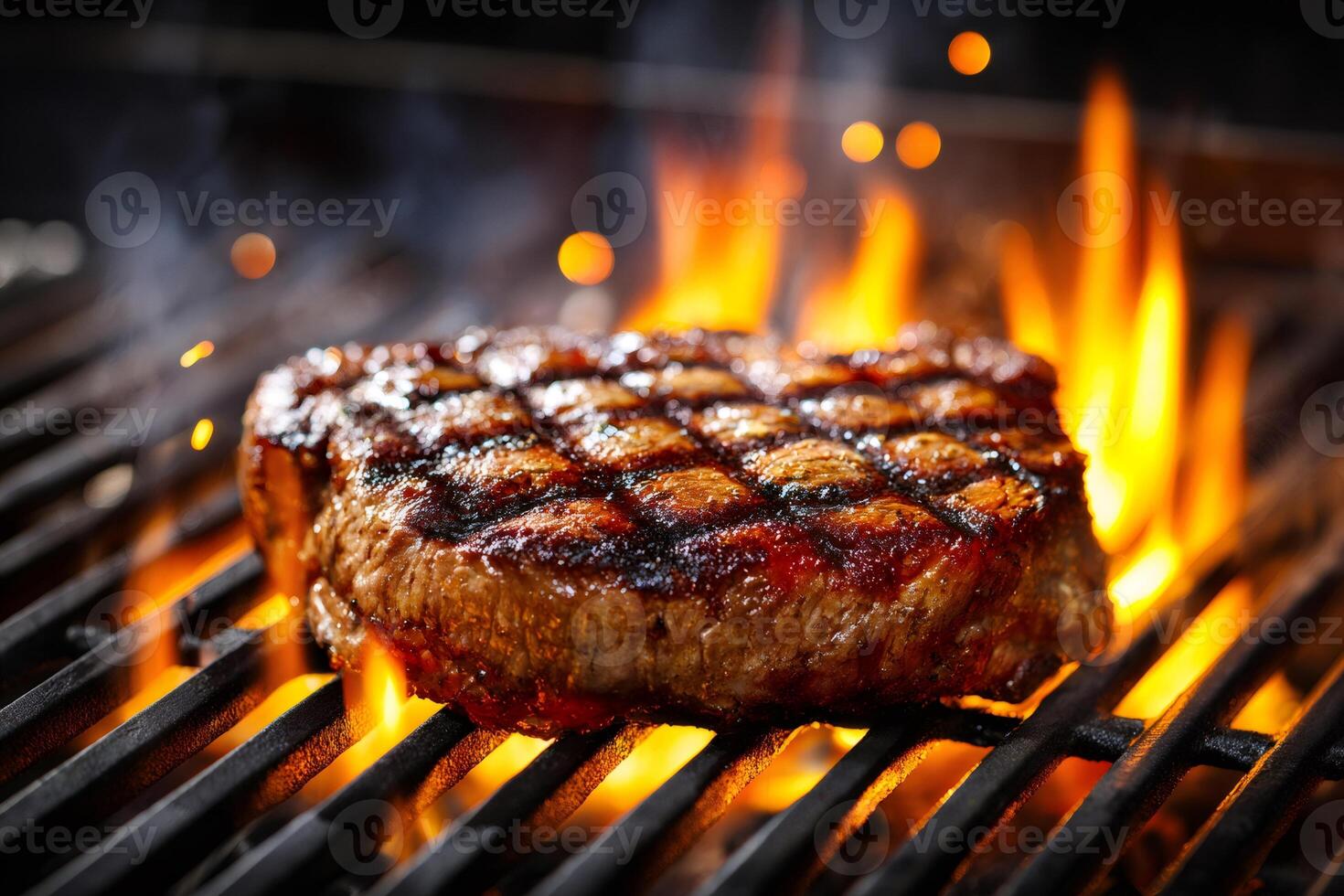 Grilled ribeye steak cooking on a barbecue grill over flames photo