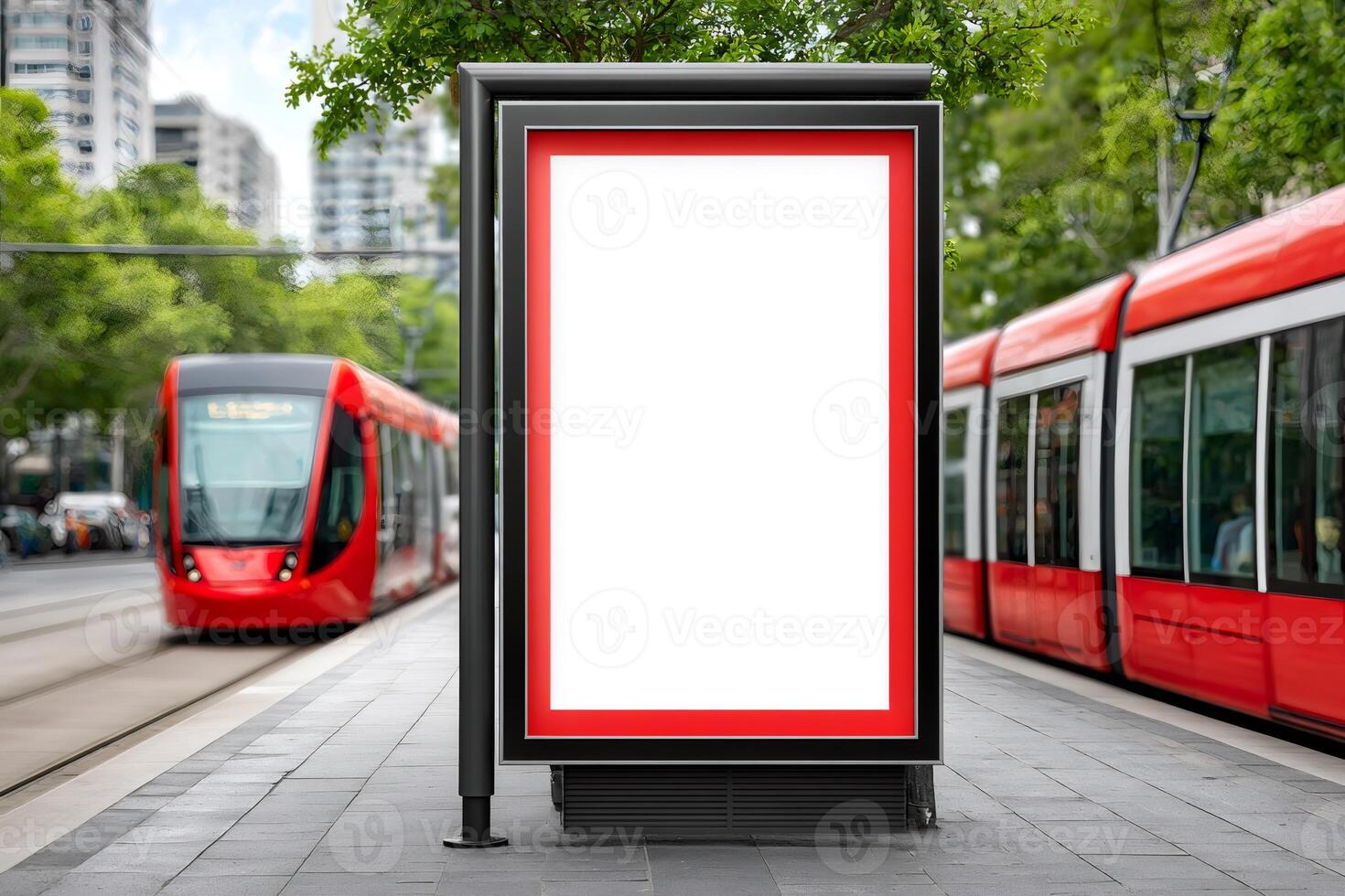 Blank billboard mockup next to tram stop in the city photo