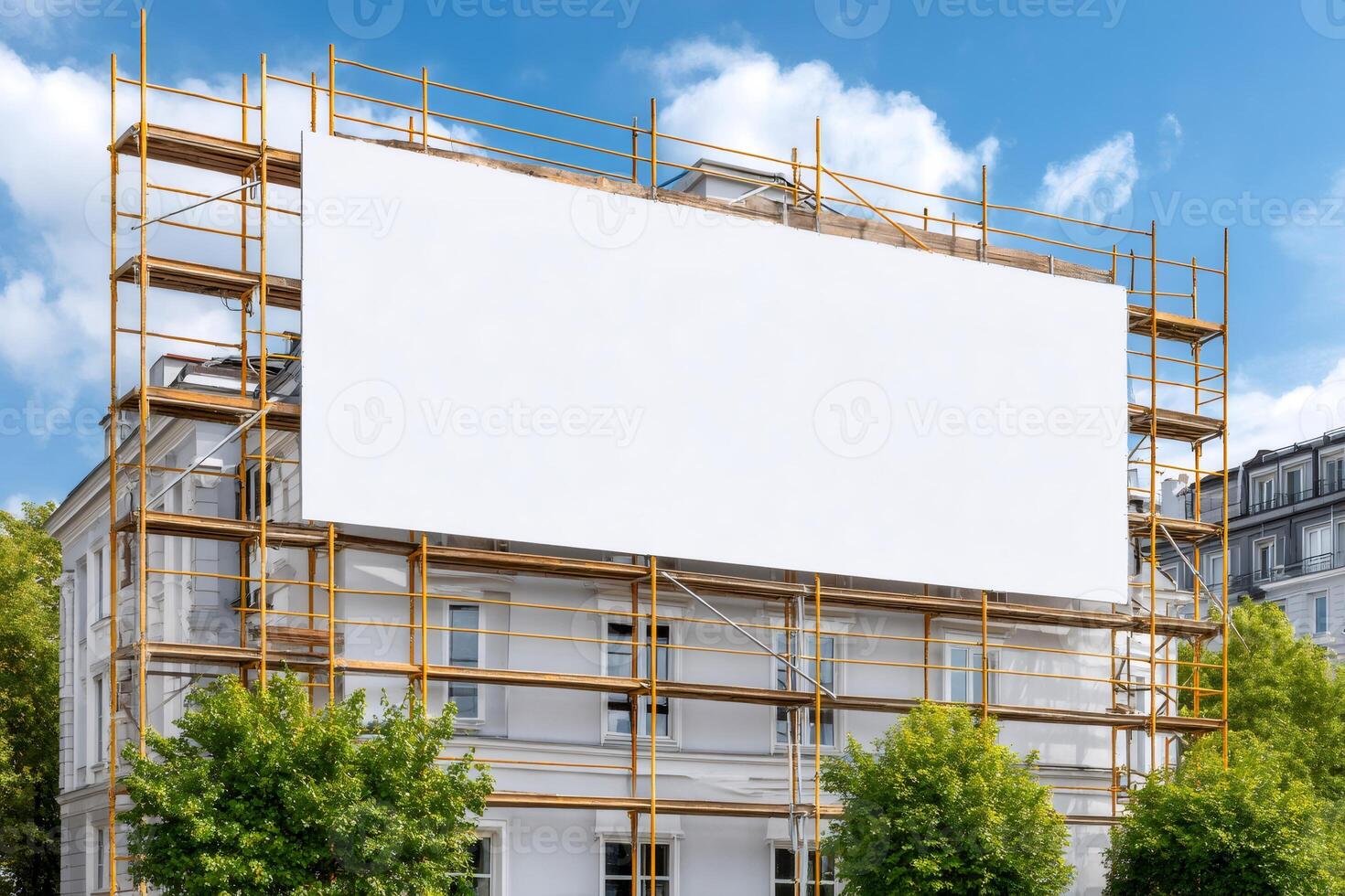 Large blank billboard on building under construction with scaffolding photo