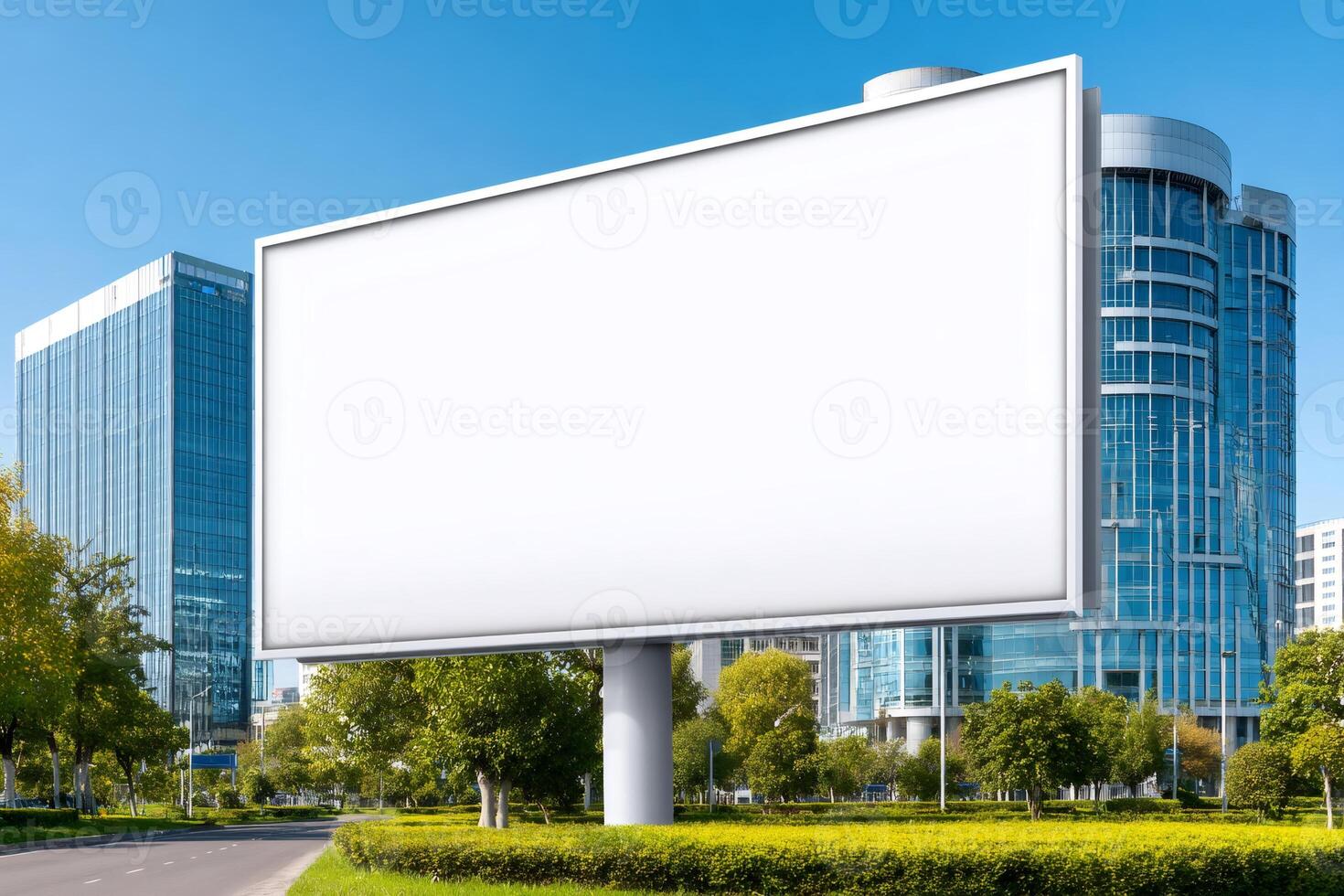 Large blank billboard displaying advertising space in urban business district photo