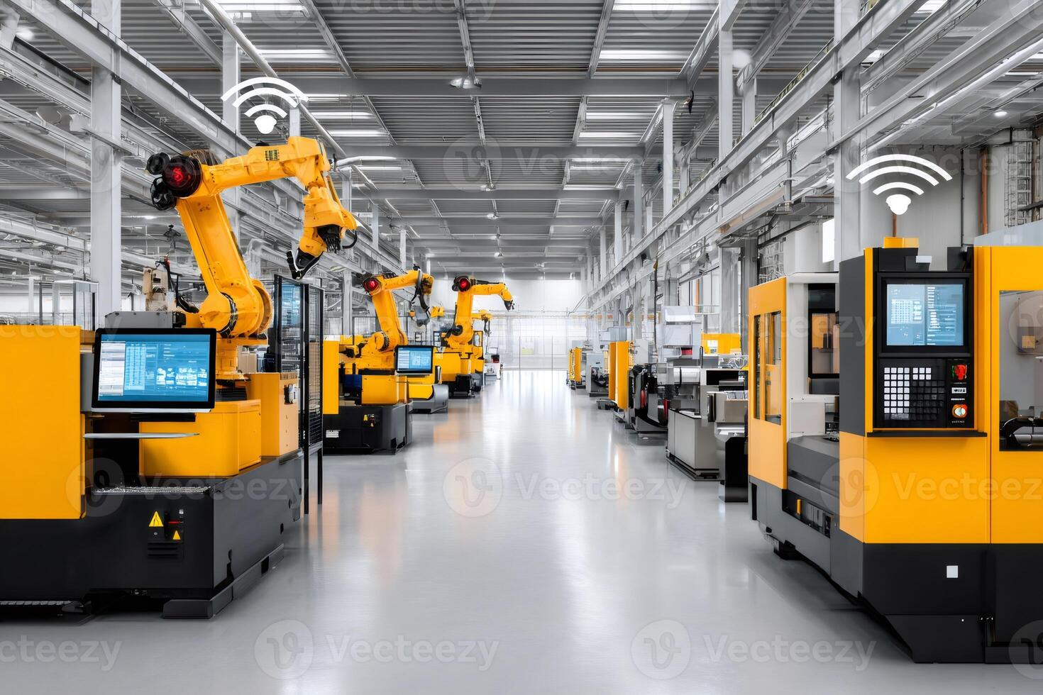 Robotic arms working in modern automated factory with wireless communication photo