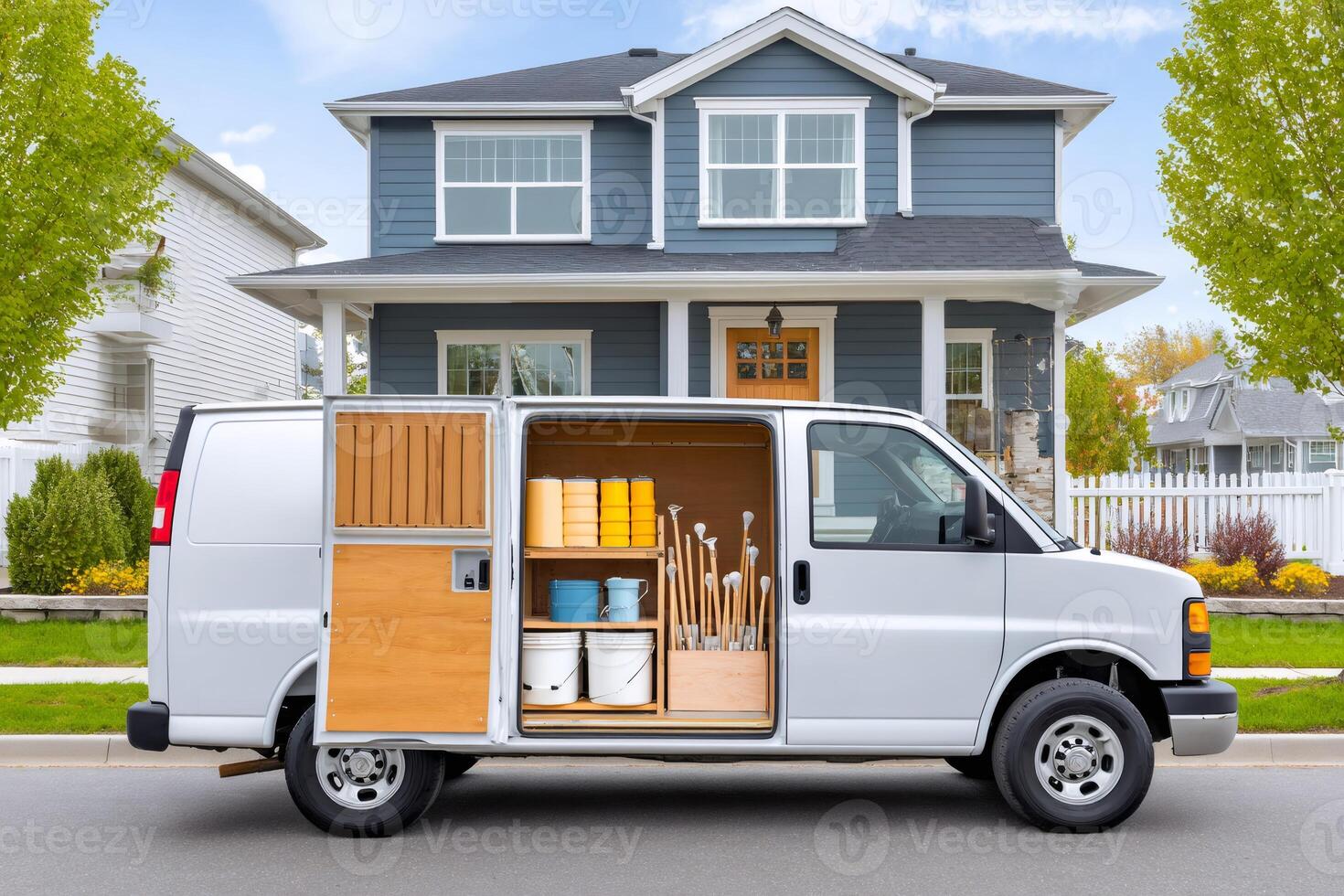 White van parked in front of house with open doors showing painting equipment photo