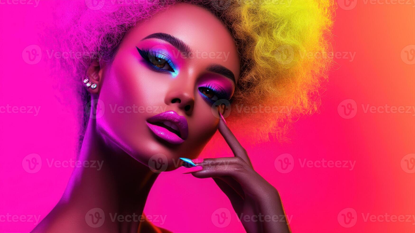 Vibrant portrait of a model with bold makeup and colorful hair in a dynamic setting showcasing creativity and fashion photo