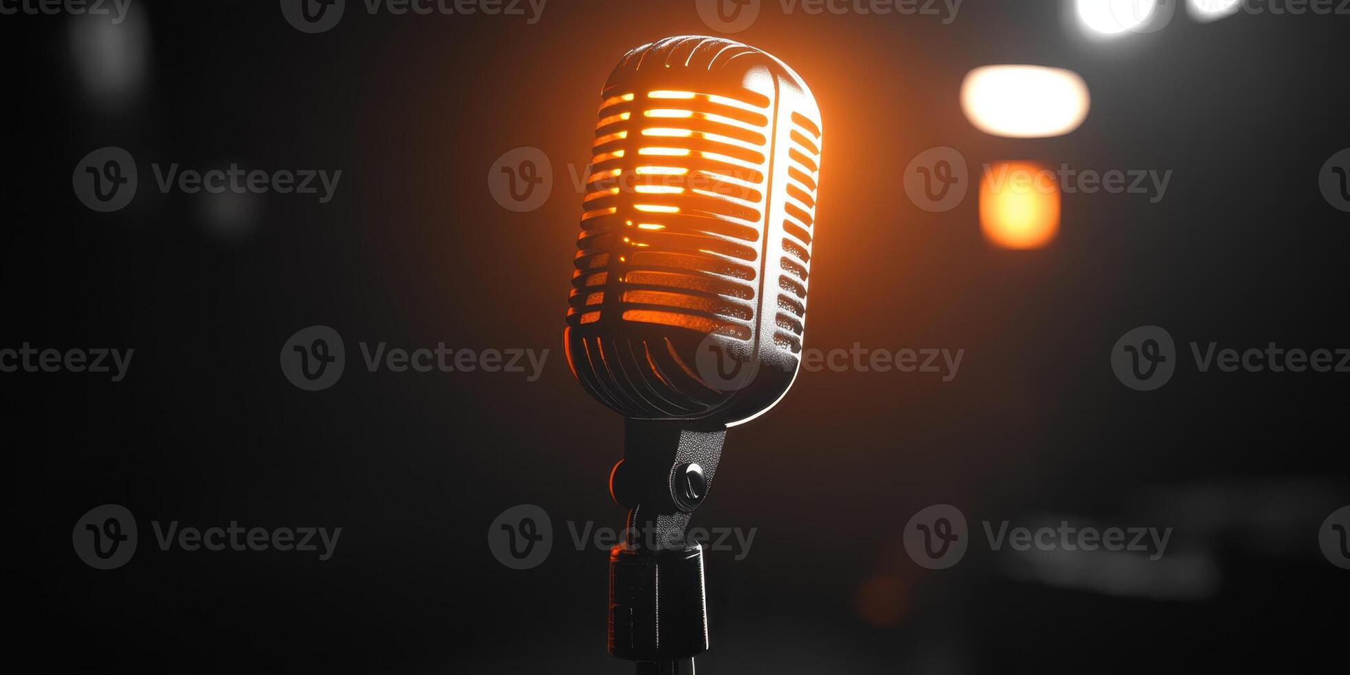 Vintage microphone surrounded by warm lights in an intimate music venue during a live performance on a cozy evening photo