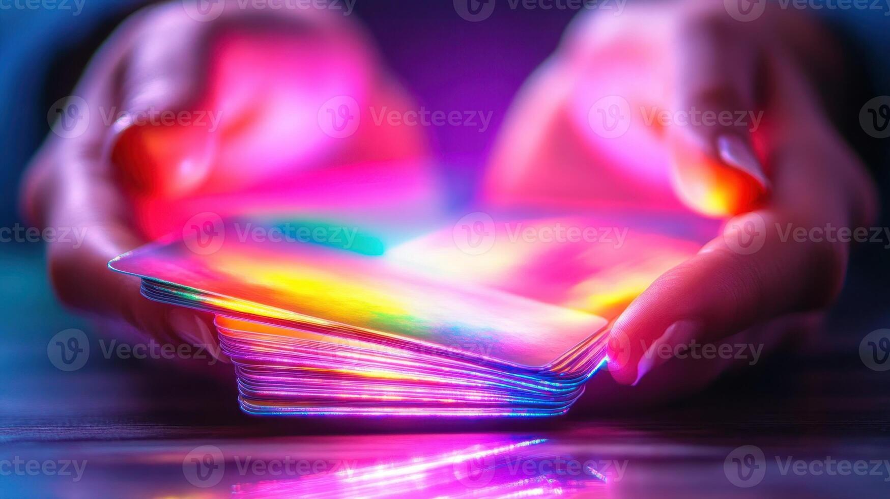 Colorful holographic cards illuminated by ambient light held in hands in a dimly lit space creating a vibrant and captivating experience during an evening gathering photo