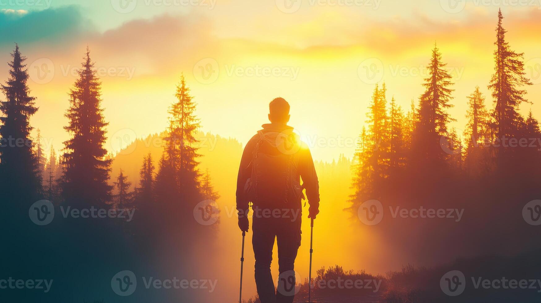 Hiker enjoying a vibrant sunset surrounded by tall trees on a mountain trail in early evening light photo