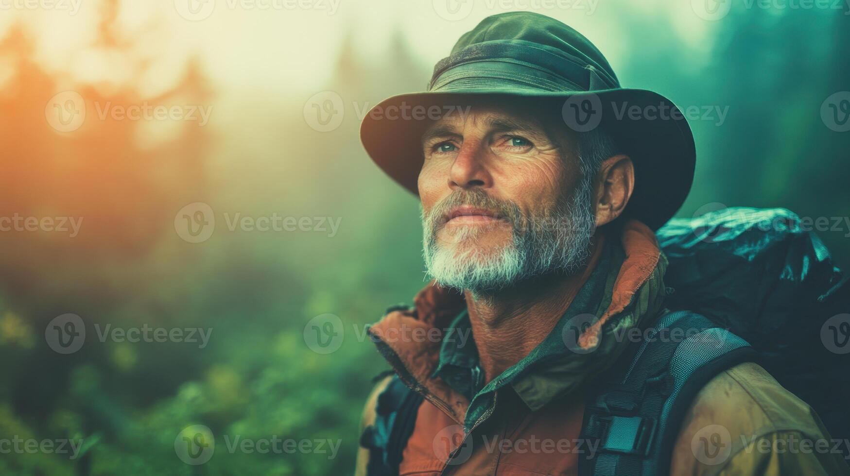 Experienced hiker navigating through a lush forest at dawn, appreciating the serenity of nature while carrying essential backpacking gear photo