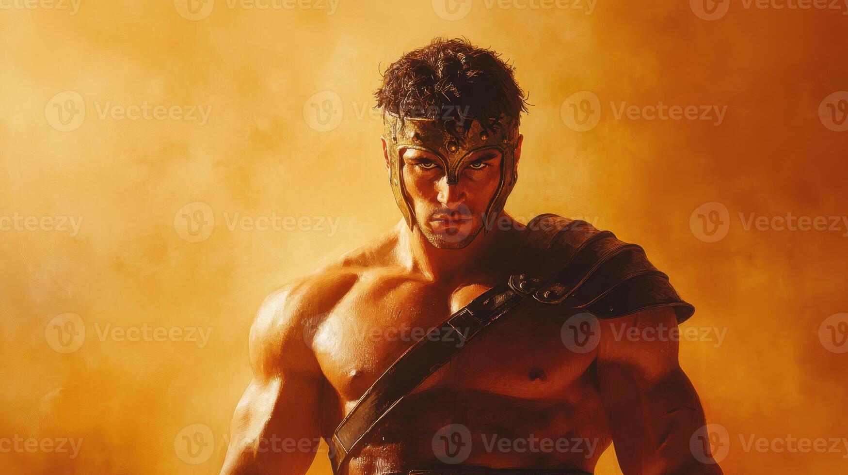 Powerful muscular warrior stands confidently under a dramatic orange sky in a heroic pose, embodying strength and valor during a mythical battle moment captured in time photo