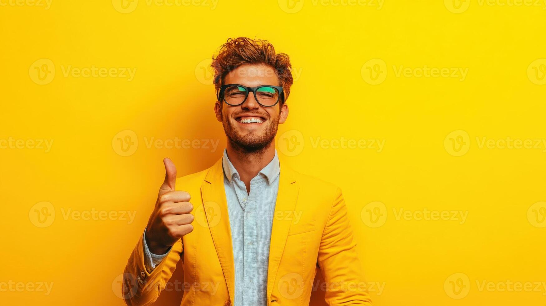 Young man giving thumbs up in stylish yellow blazer against bright yellow background exuding positivity and confidence photo