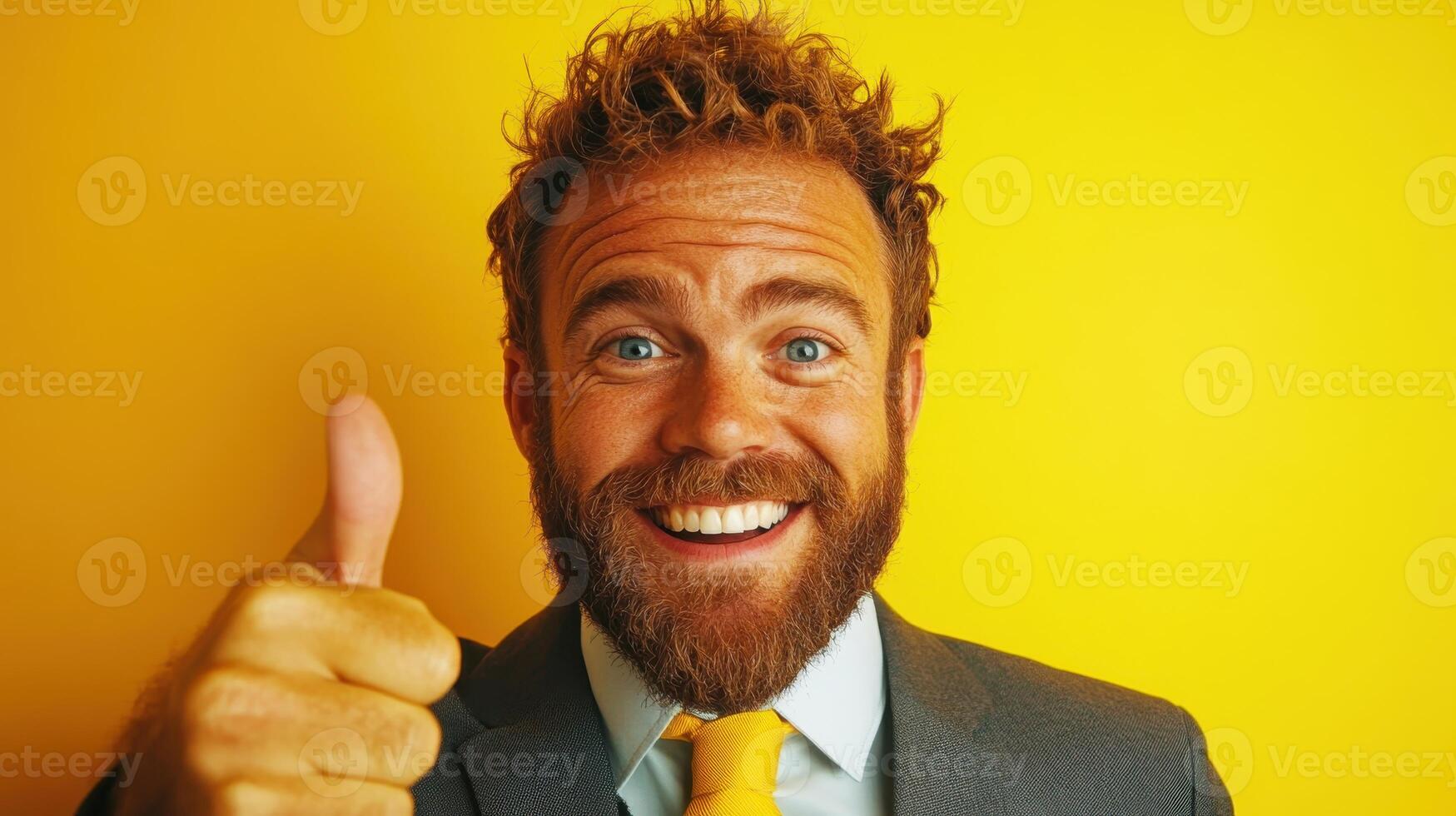 Smiling man with curly hair gives thumbs up in a bright yellow setting wearing a suit and tie photo