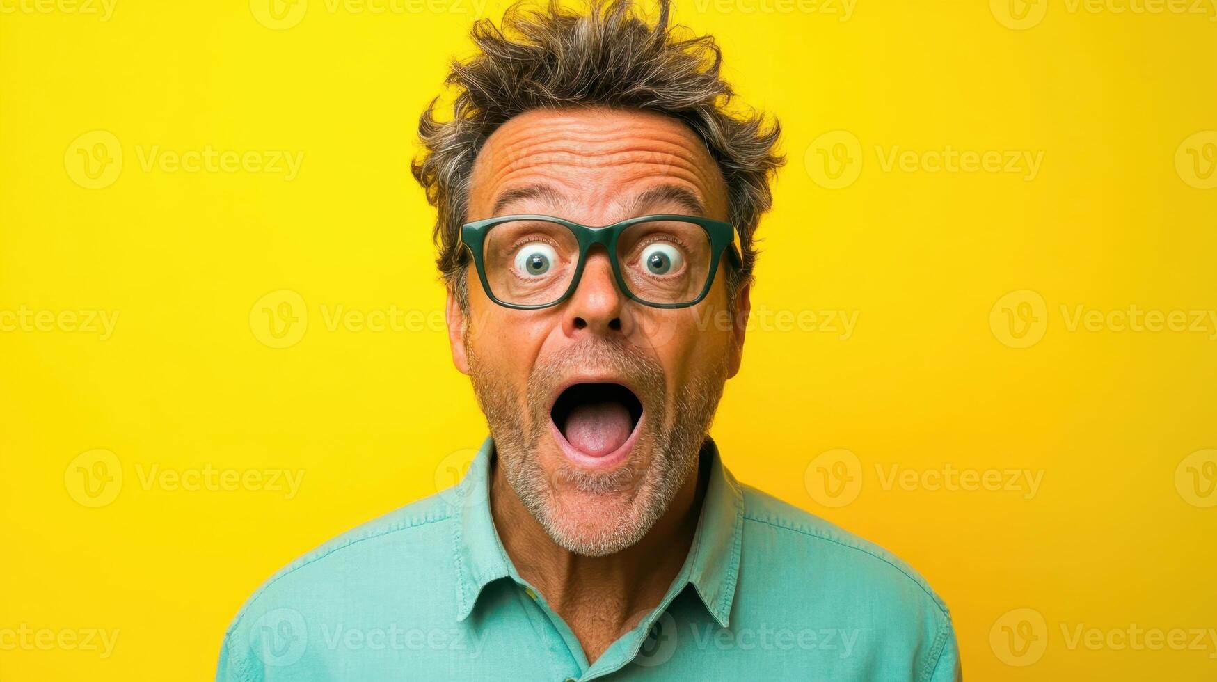 Surprised man with gray hair and glasses showing excitement against a bright yellow background in a joyful moment photo