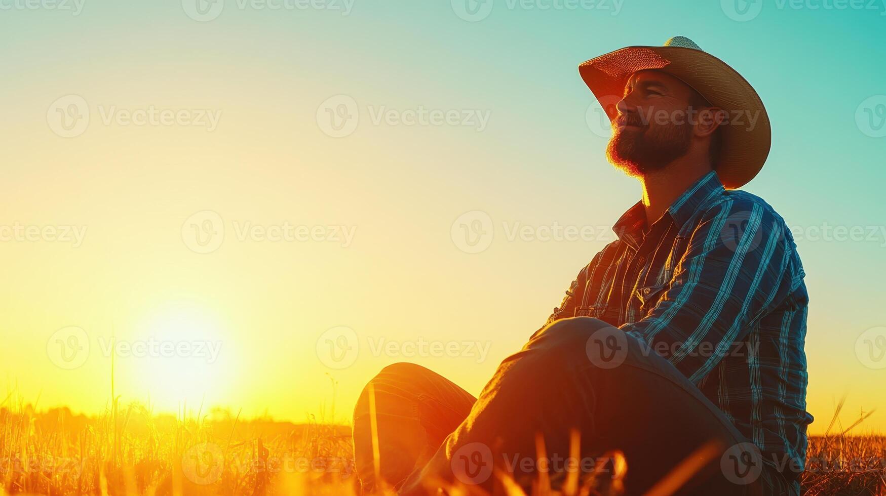 Sunset contemplation by a cowboy in an open field on a tranquil evening, appreciating nature's beauty photo