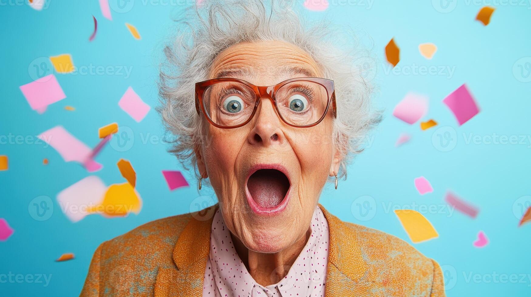 Excited senior woman celebrating with colorful confetti during a joyful party atmosphere in a vibrant indoor setting photo